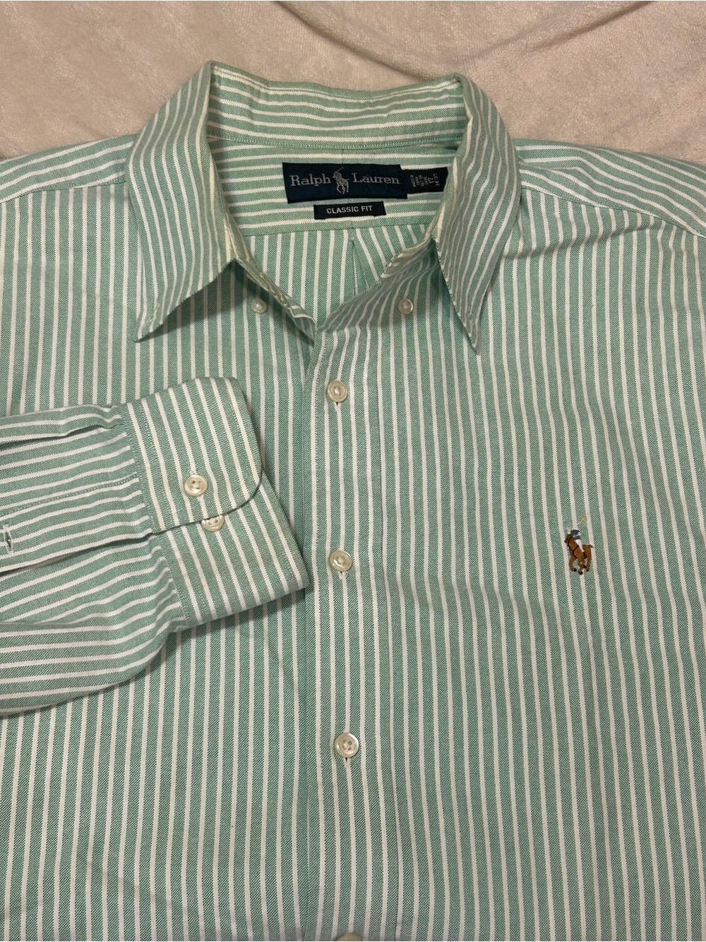 Ralph Lauren Classic Fit Striped Shirt Mens 17 36 37 Green White Oxford Button